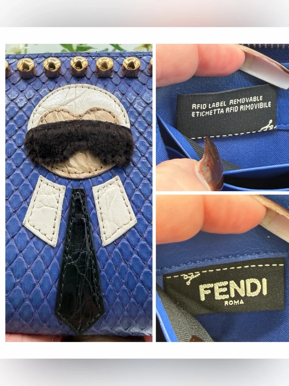 Fendi Karlito Blue Python Snakeskin Studded Zip Wallet Rare Colorway✨✨ W/ COA